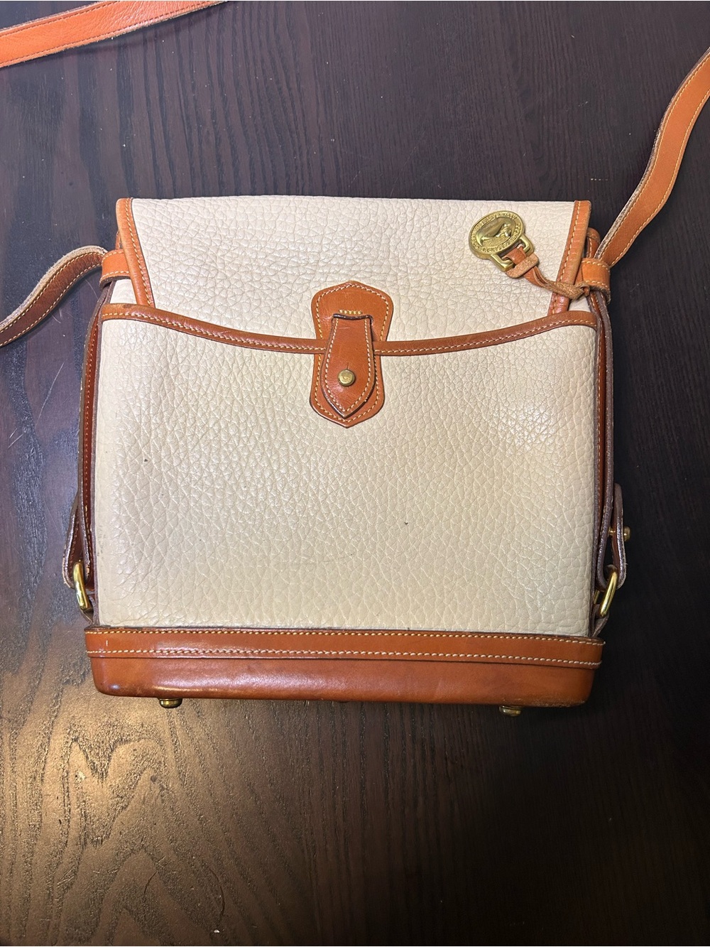 Dooney & Bourke Cream and Tan Leather Saddle Crossbody - Picture 2 of 10